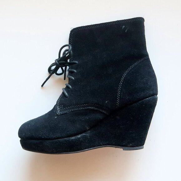 Steve Madden Black Suede Leather Wedge Heel Lace-up Ankle Boots / Booties Size 6 - Picture 7 of 16